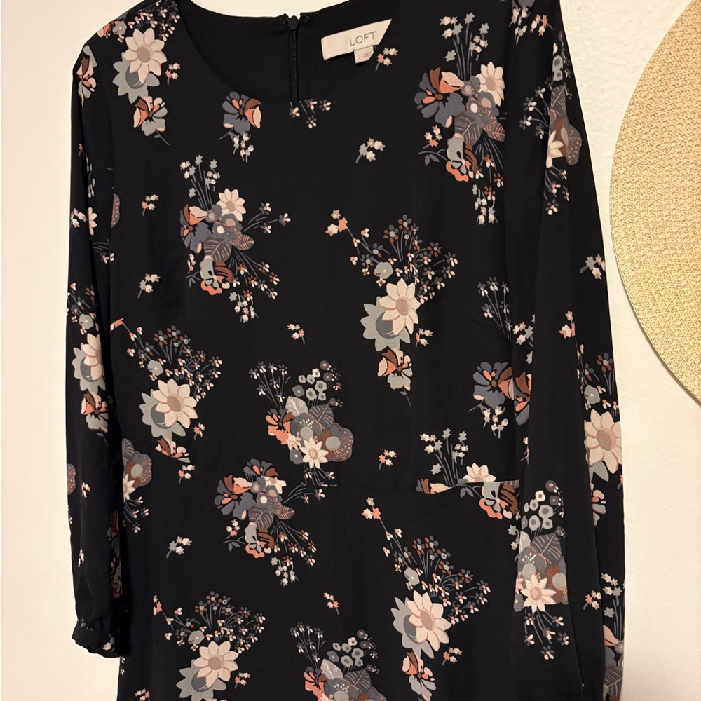 LOFT Black and Pink Floral Long Sleeve Dress - Picture 2 of 7